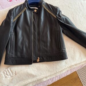 Versace Black Leather Jacket with Gold Details